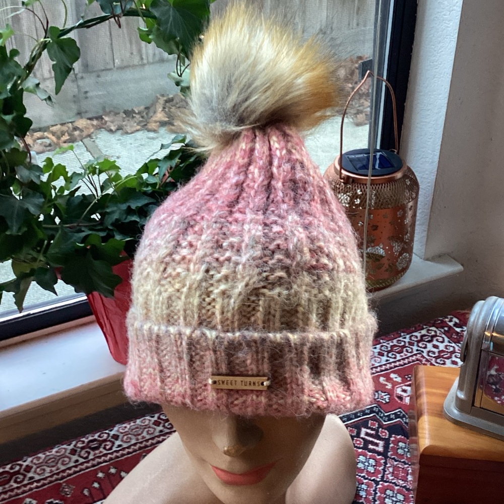 Pink and Cream Kids Pom-Pom Hat